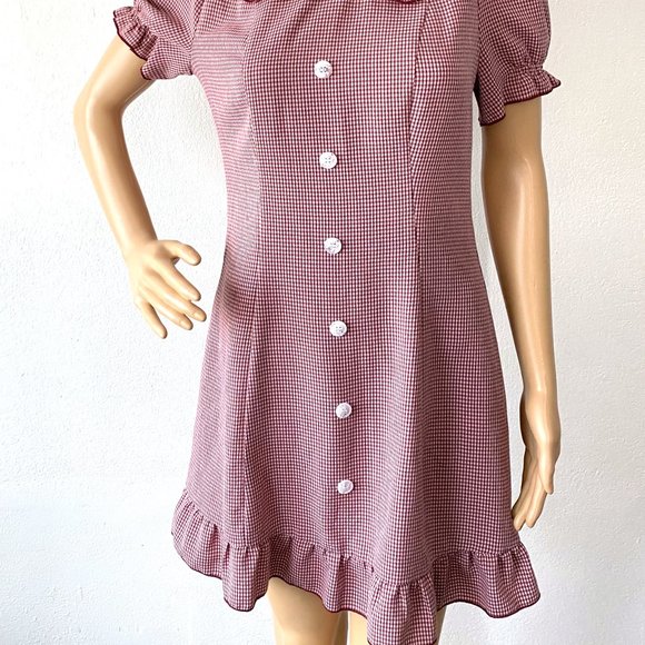 Gingham Checked Mini-Dress Ruffled Collar ALLEGRA K Grunge Twee Petite XS to S - Picture 3 of 9